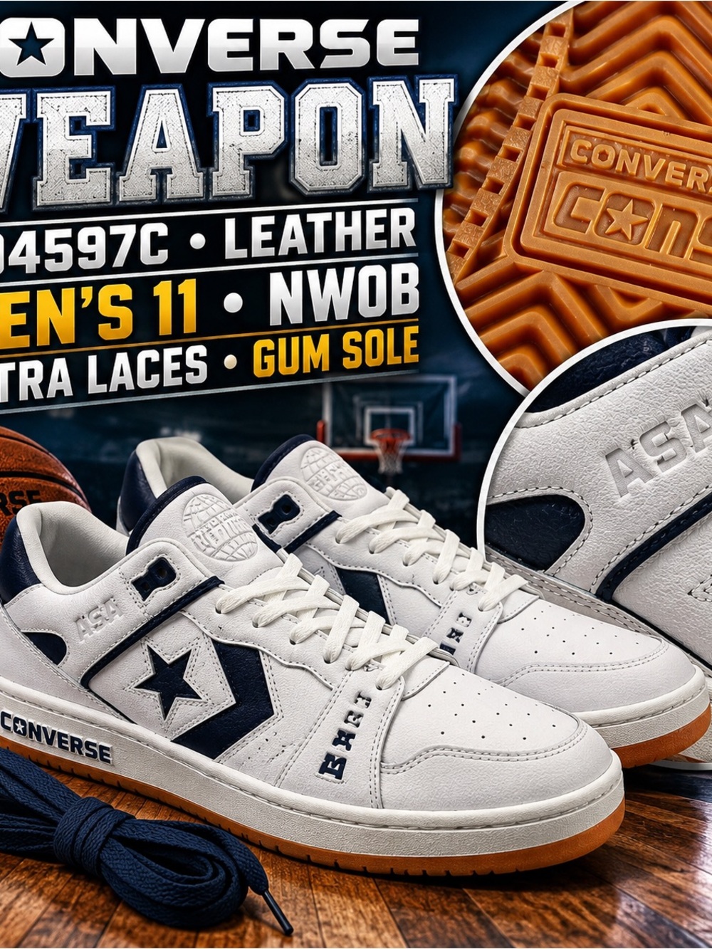Converse Weapon Ox A04597C Leather White Navy Men’s 11 NWOB Extra Laces